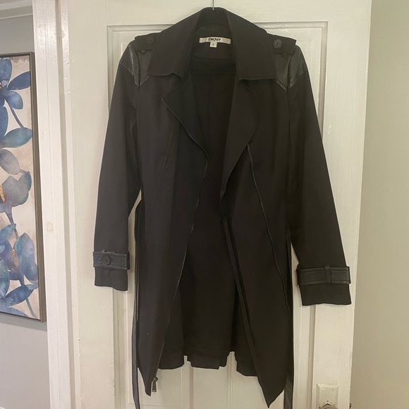 DKNY Small Black Faux Leather Trim Trench Coat - Picture 1 of 9